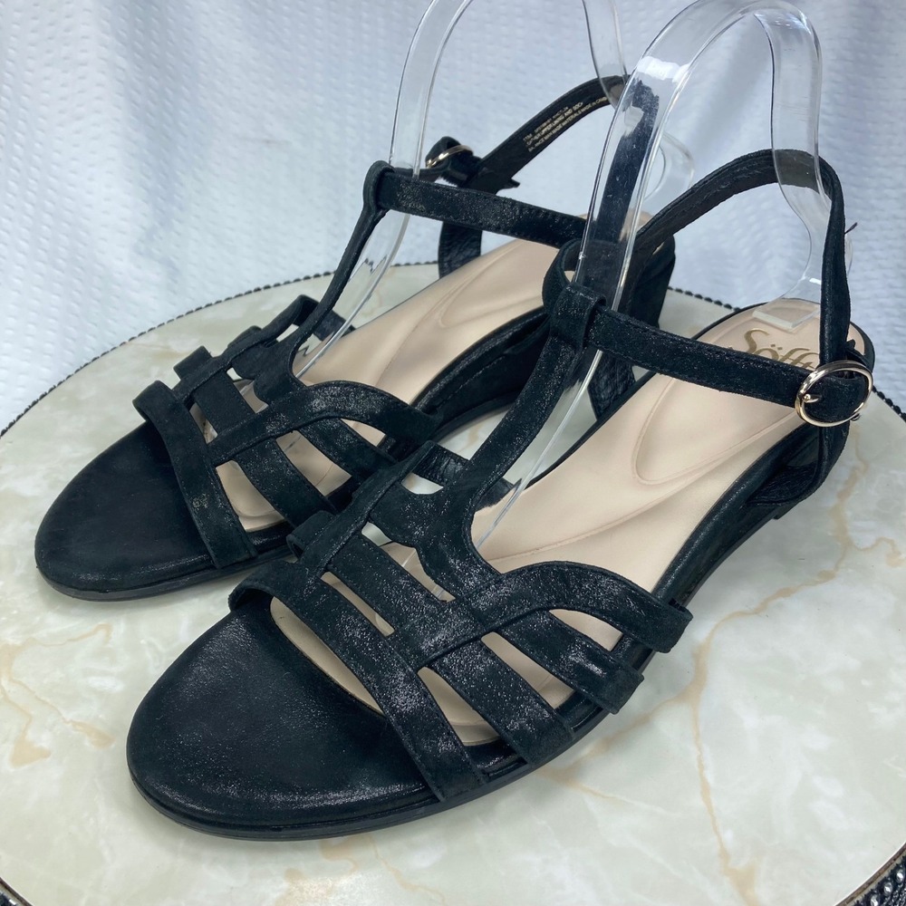 Sofft Shimmer Leather Strappy Wedge Sandals Women 11 Black Summer Comfort Boho - Picture 8 of 12